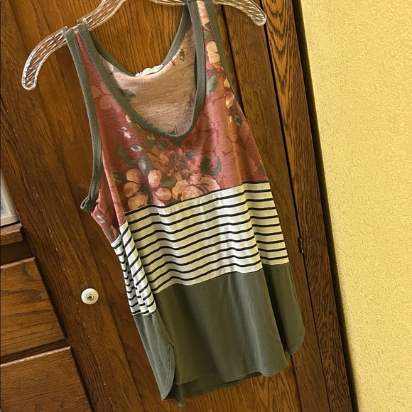 Olive Floral and Striped Tank Top - Picture 1 of 4